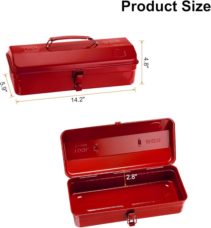 HARFINGTON Tool Box 14.2" Portable Steel Tool Box Hip Roof Style with Metal Latch Closure Tool Chest for Household Workshop Car, Red