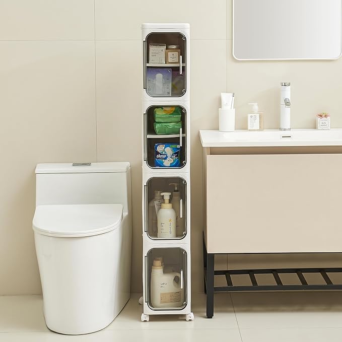 UFORU 2-Tier Narrow Storage Cabinet with Magnetic Doors and Shelves, Plastic Slim Bathroom Organizers and Storage with Wheels for Small Spaces Bathroom, Kitchen, White