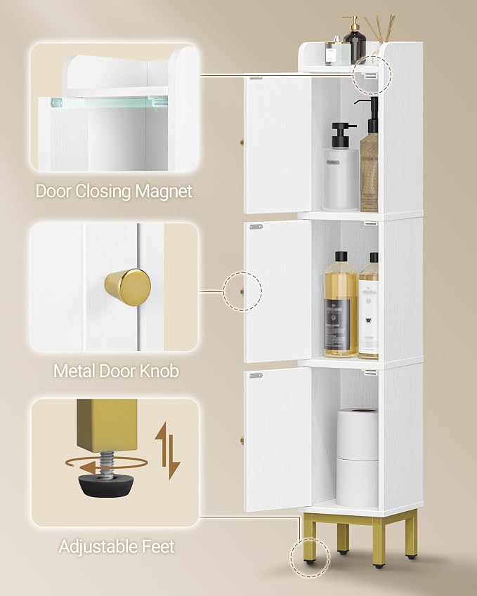 Hzuaneri Slim Bathroom Storage Cabinet, Narrow Bathroom Organizers and Storage with 4 Adjustable Feet, Laundry Room Organization for Small Space, Kitchen, Living Room, 3 Doors White BC22313G