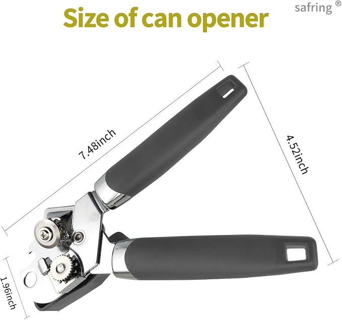 Safring Can Opener Manual, Handheld Strong Heavy Duty Stainless Steel Can Opener, Comfortable Handle, Sharp Blade Smooth Edge, Can Openers with Multifunctional Bottle Opener, Gray