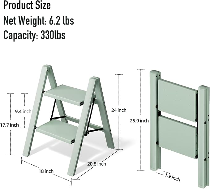 Mayi Plus 2 Step Ladder,Aluminum Folding Step Stool for Adults,Step Ladder with Wide Anti-Slip Pedal,330 lbs Capacity for Home,Office,Kitchen,Library(Green)