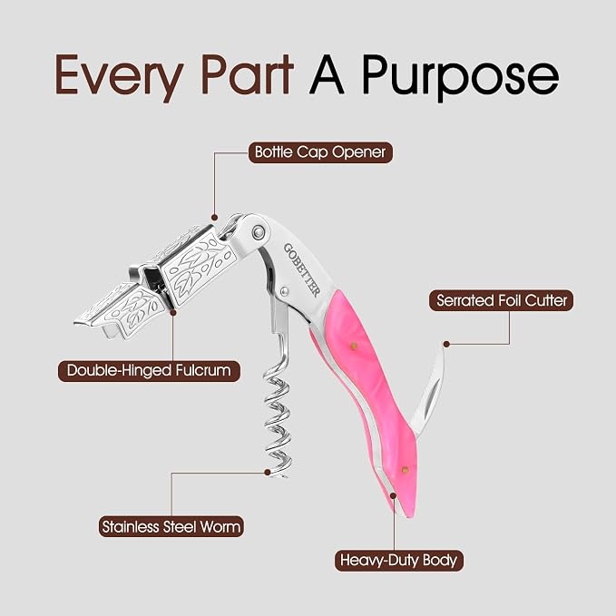 GOBETTER Wine Opener, Professional Corkscrews for Wine Bottles Cap Remover, Manual Wine Key for Home Use, Servers, Waiters Bartenders and Wine Lovers, Pink Resin
