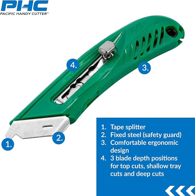 Pacific Handy Cutter S4R Safety Cutter, Retractable Utility Knife with an Ergonomical Design, Bladeless Tape Splitter, Steel Guard for Safety and Damage Protection, for Warehouse and In-Store Cutting , Green