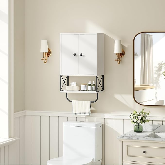 MAHANCRIS Bathroom Wall Cabinet with 2 Door and Adjustable Shelf, Farmhouse Medicine Cabinet with Towel Rack, 3-Tier Wall Mounted Storage Cabinet Over The Toilet for Bathroom Laundry Room, White