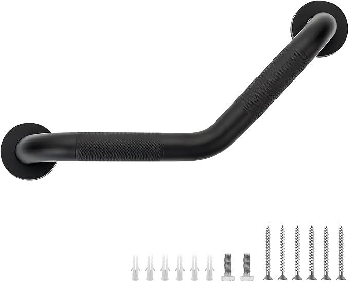 Grab Bars for Bathtubs and Showers- 1-1/4 x 16 Angled Shower Grab Bar for Seniors Knurled Stainless Steel Handicap Grab Bars for Wall (Black, 1 Pack)