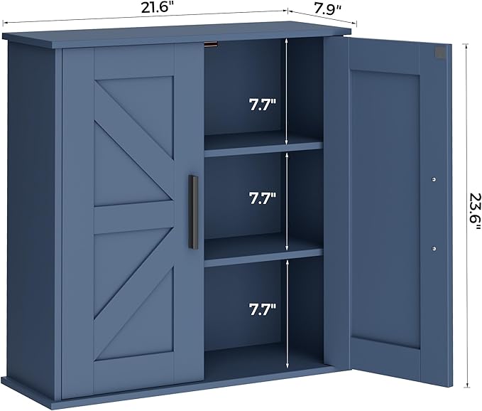 Homleke Bathroom Wall Cabinet, Over Toilet Storage Cabinet with Barn Doors and Adjustable Shelves, 3-Tier Medicine Cabinet Wall Mounted, for Bathroom, Kitchen, Entryway, Laundry Room, Blue, (7.9" D)