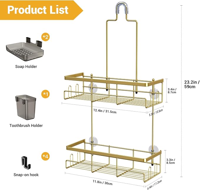 AKTECKE Shower Caddy Hanging Bathroom Organizer: Rustproof Shelf for Inside Shower - No Drilling Racks Over Showerhead - Bath Shelves for Shampoo Soap Gold