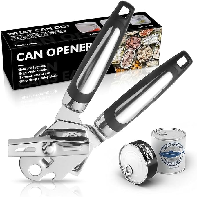 Manual Can Opener – Easy Grip Can Opener Manual, Smooth Edge Design, Durable Stainless Steel, Can Openers for Seniors, Effortless Turning, Kitchen Tool (Silver&Black)