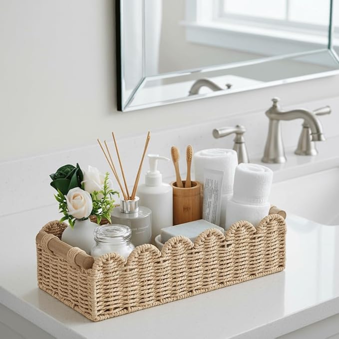 CubesLand Scalloped Edge Toilet Paper Storage Basket, Living Room Home Cozy Decor Basket, Paper Rope Small Baskets for Over Toilet Storage Shelf, End Table, Shelves, with 2 Wooden Handles, Beige
