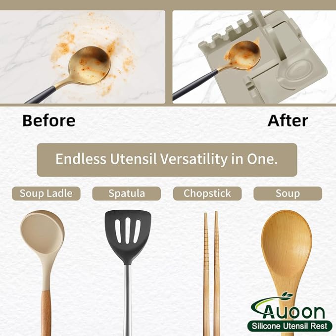 Auoon Silicone Spoon Rest with Lid Holder - 3 in 1 Kitchen Utensil Rest for Soup Ladles, Pot Lids, Spatulas, Spoons, Tongs, BPA Free & Dishwasher Safe, 8.26 x 8.06 Inch (Milk Shake, Large)