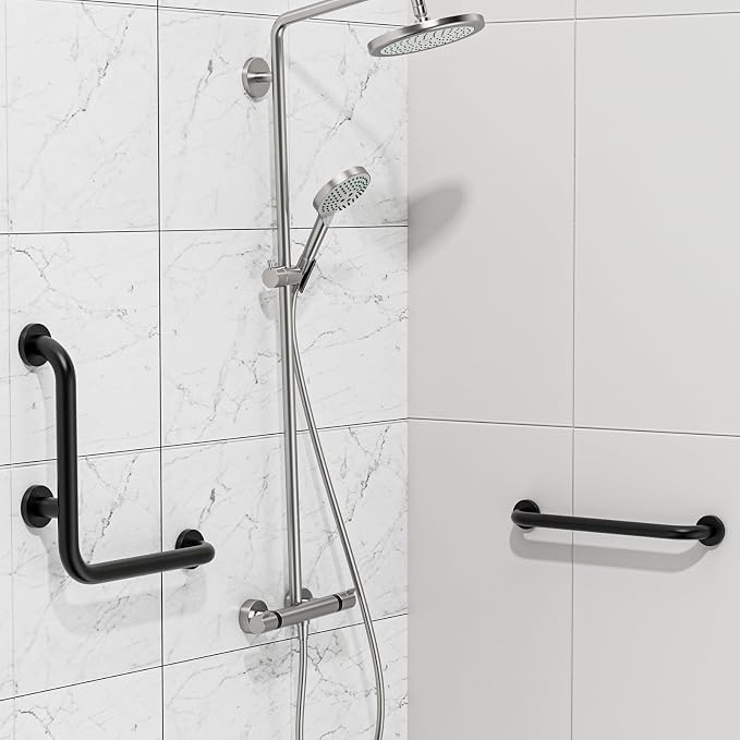 16 Inch Angled Grab Bar, iHansee L-Shaped Shower Grab Bar w/16 Inch Straight Bathroom Balance Bar, Stainless Steel Safety Handle for Seniors Elderly Injury Handicap, Matte Black