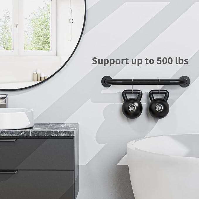 Black Grab Bar 24 Inch, iHansee Anti-Slip Bathroom Grab Bar w/Knurled Grip, Stainless Steel Safety Handrail for Toilet Bathtub Shower, Wall Mounted Matte Black Handicap Bars Handle for Senior Elderly