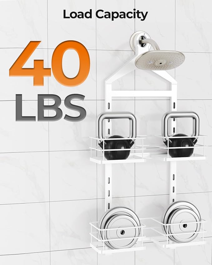 ODesign 2 Tier Height-Adjustable Shower Caddy Hanging Anti-Swing-Over The Shower Head Caddy-Storage Organizer Bathroom Shelves Basket-White