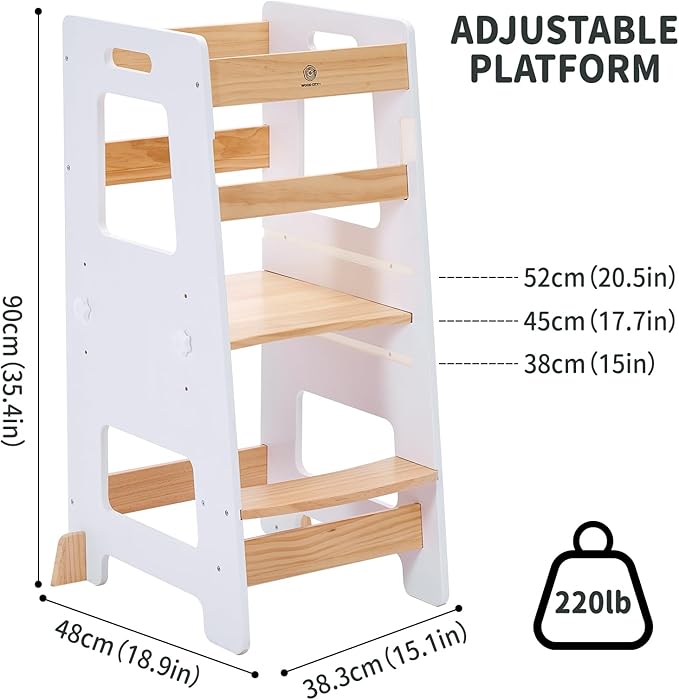 WOOD CITY Kitchen Step Stool - Safe Montessori Standing Tower for Kids with Safety Rail, Height Adjustable Toddler Ideal Helper for Learning New Skills, Anti-Slip Protection for Bathroom - White