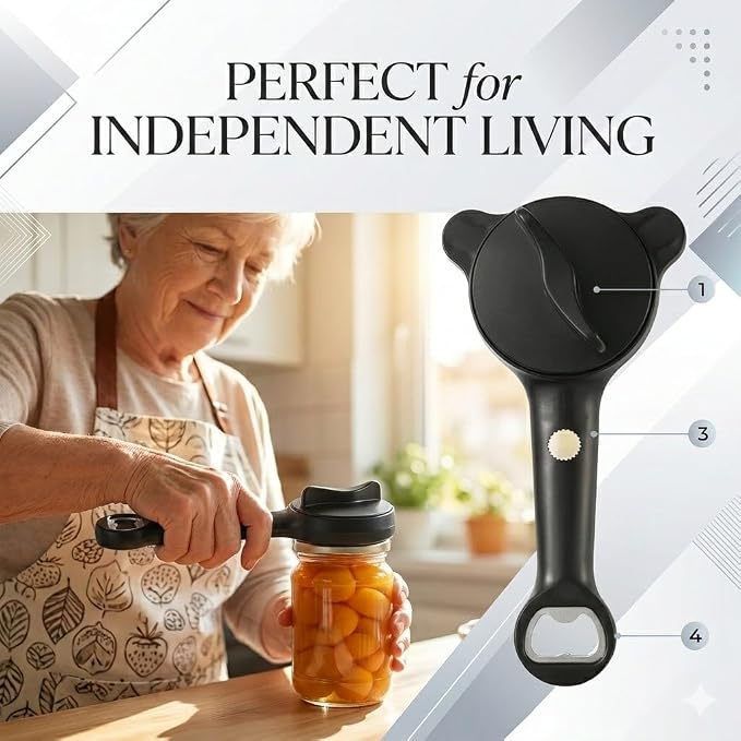 Ergonomic Non Slip Jar Opener for Weak Hands, 4 in 1 Silicone Grip Bottle Opener, Easy Twist Lid Remover for Seniors, Handy Kitchen Gadgets