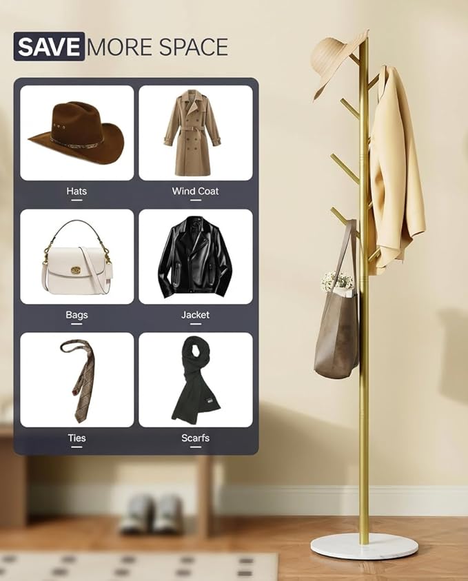 Coat Rack with 8 Hooks, 3 Adjustable Heights, Modern Hall Tree, Sturdy Metal Clothes Stand with Sintered Stone Base for Entryway, Office, Bedroom, for Coats, Hats, Handbags and Scarves, Gold