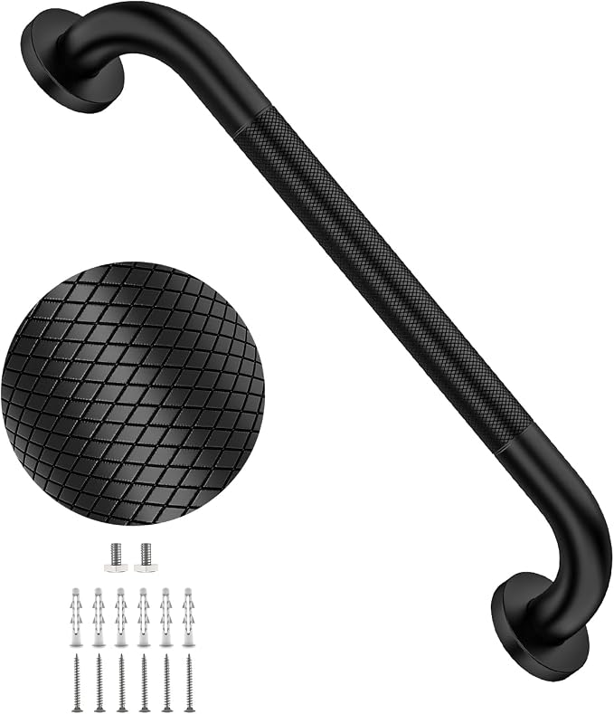20 Inch Anti Slip Shower Grab Bar, YuanDe Black Stainless Steel Bath Grab Bar, Knurled Bathroom Safety Rail, Shower Handrail Support, Handicap Elderly Balance Assist Handles-1.25" Diameter