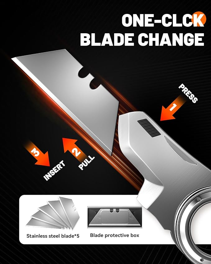 Folding Utility Knife Pocket Knife, Heavy-Duty Box Cutter with Anti Slip Finger Loop, Quick Change Blade Razor Knife, Box Cutters for Home, Office, Warehouse, Durable Razor Knife, Box Knife (Grey)
