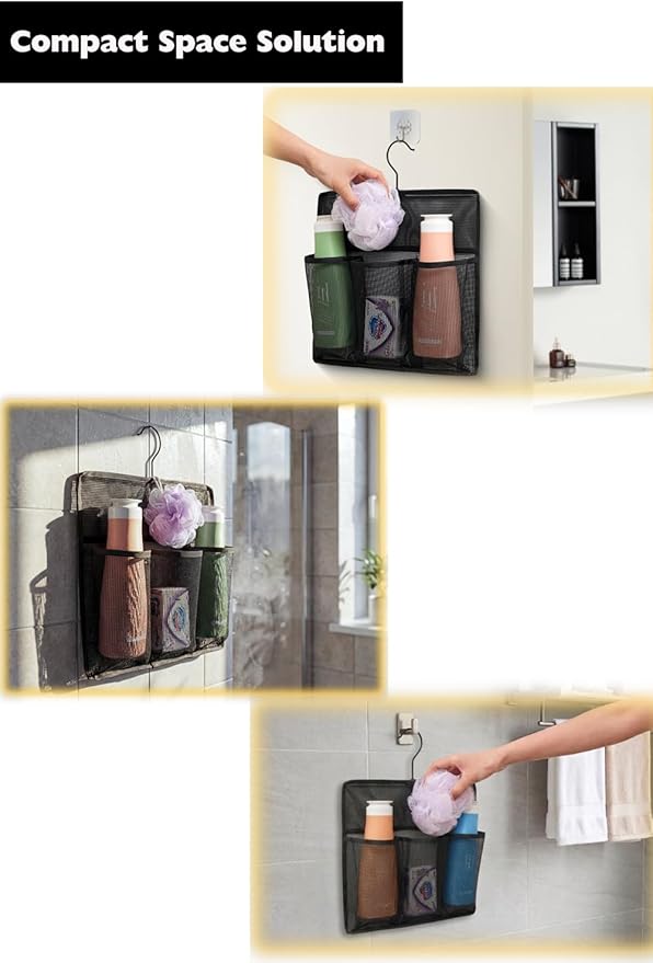 ALYER Mesh Shower Organizer,Shower Caddy with Rotating Detachable Metal Hanger, Quick Dry Bathroom Storage for Toiletry Accessories, Portable Shower Bag for RV,Dorm,Gym and Travel (Black)