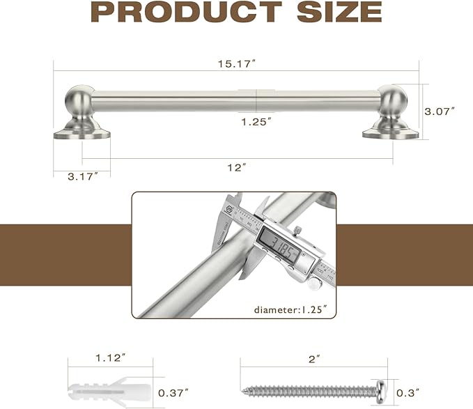 Anti Slip Shower Grab Bar, Safety Bathroom Assist Handle, ADA Compliant Handrail, Heavy Duty Handicap Grab Bars for Elderly, Injured, Senior, Children (Brushed Nickel, 12 Inches)