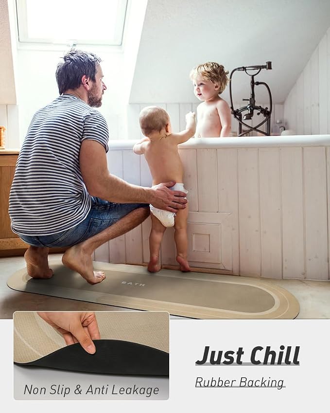 MontVoo Bath Mat Runner - Long Non Slip Absorbent Quick Dry Thin Bath Rug for Bathroom Floor Mat - Rubber Backed - Stain Resistant - Easy Care - Beige 17"x50"