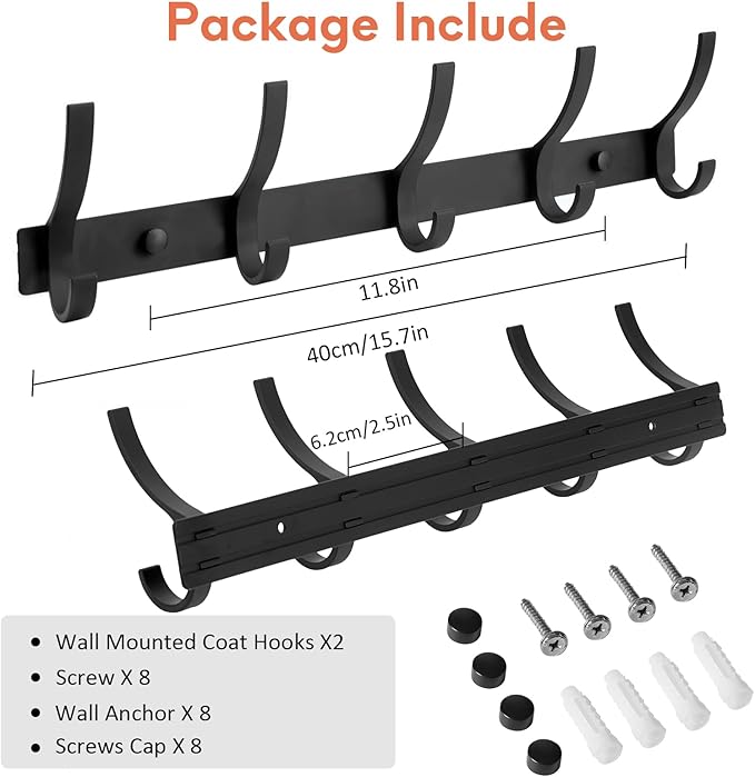 Optish Coat Rack Wall Mount, Coat Hook Wall Mount, Wall Hooks for Hanging, Hat Rack for Walls, Coats Hanger with 10 Hook, Towel Hooks for Bathrooms (2 Pack, Black)