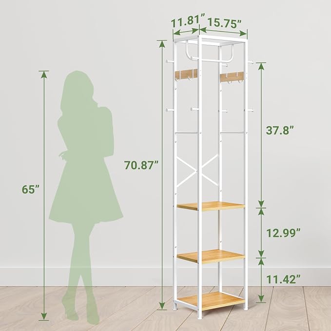 ELYKEN Coat Rack Freestanding, Hall Tree with 3 Storage Shelves and 12 Hooks, Industrial Clothes Rack Stand Organizer for Bedroom, Hallway, Entryway, Office, Living Room