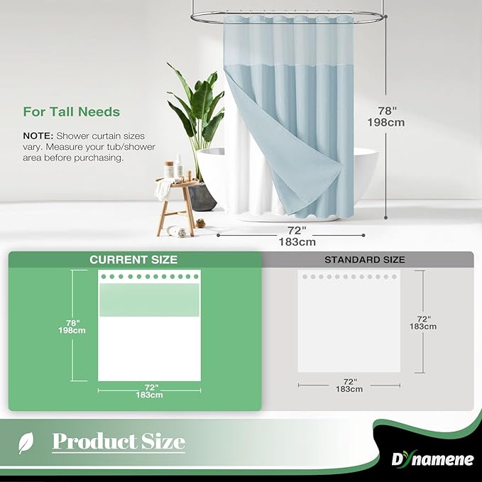 Dynamene 78 Inch Long Shower Curtain, Tall Waffle Fabric Shower Curtains for Bathroom, Hotel Waterproof Cloth Shower Curtain Liner Set with Hooks, Snap in Liner, Mesh Top Window, Fog Blue, 72x78