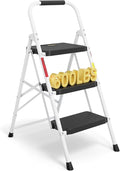 BONTEC 3-Step Ladder, Folding Step Stool, 600lbs Max Load Capacity, Sturdy Steel, Non-Slip Pedals, Lightweight, Portable Steel Ladder with Convenient Handrail, Safety Design for Home & Work, White