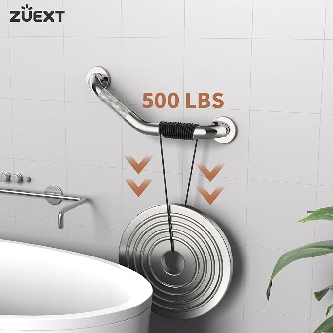 16 Inch Angled Grab Bar 2 Pack, ZUEXT Anti Slip Shower Grab Bar Handles,Chrome Stainless Steel Knurled Bathroom Balance Bar, Safety Hand Rail Support,Handicap Elderly Injury Senior Assist Bath Handle