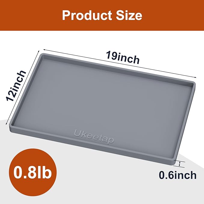 ukeetap Extra Thick Silicone Mat Waterproof with Raised Edge 19” x 12”, BPA Free Non-Slip Dog & Cat Food Mat, Feeding Mat for Food and Water Bowls, Spill Proof Mat to Protect Floors, Gray
