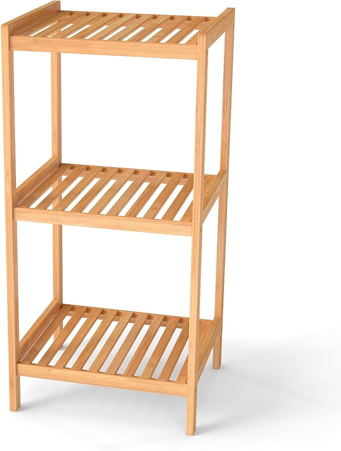 kinbor 3-Tier Bamboo Shelf Freestanding - Space-Saving Bathroom Standing Shelf & Plant Stand, 3 Shelf Bookcase for Kitchen, Living Room, Office (Natural Bamboo, Easy Assembly)