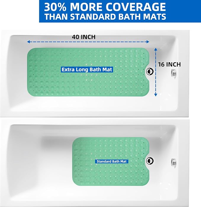 ZHICHENG Bath Tub and Shower Mats, Non-Slip 39 x 16 Inch Extra Long Bath Mat, Machine Washable Bathtub Mat with Drain Holes, Suction Cups for Bathroom (Green)