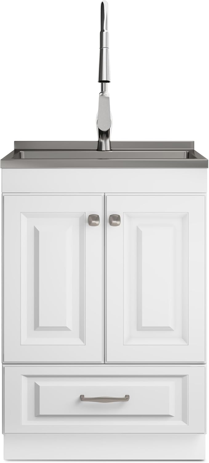 SIMPLIHOME Lawrence All-in-One 24 inch Wide Utility Sink and Laundry Cabinet in Pure White Finish, Transitional Stainless Steel Sink Cabinet for Laundry Rooms with High-Arch Brushed Nickel Faucet