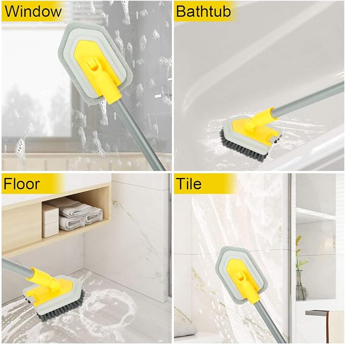 Lalafancy Shower Cleaning Brush with Locking Head, 3 in 1 Tub Tile Scrubber Brush with 50'' Extendable Long Handle Stiff Bristles Scouring Pads Microfiber for Cleaning Bathtub Shower Wall Bathroom