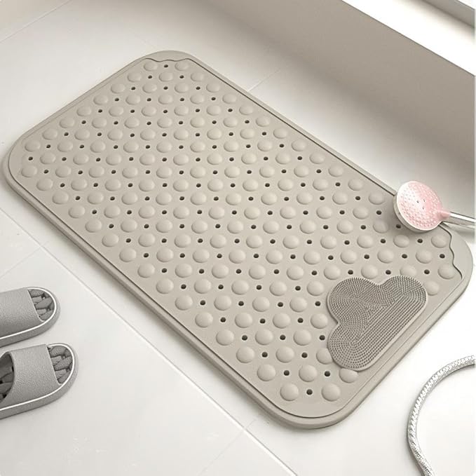 Bathtub Anti-Slip Mat Shower Mat with Suction Cups Drain Hole Foot Massage Bathroom Floor Mat 28x16 Inch (Khaki)