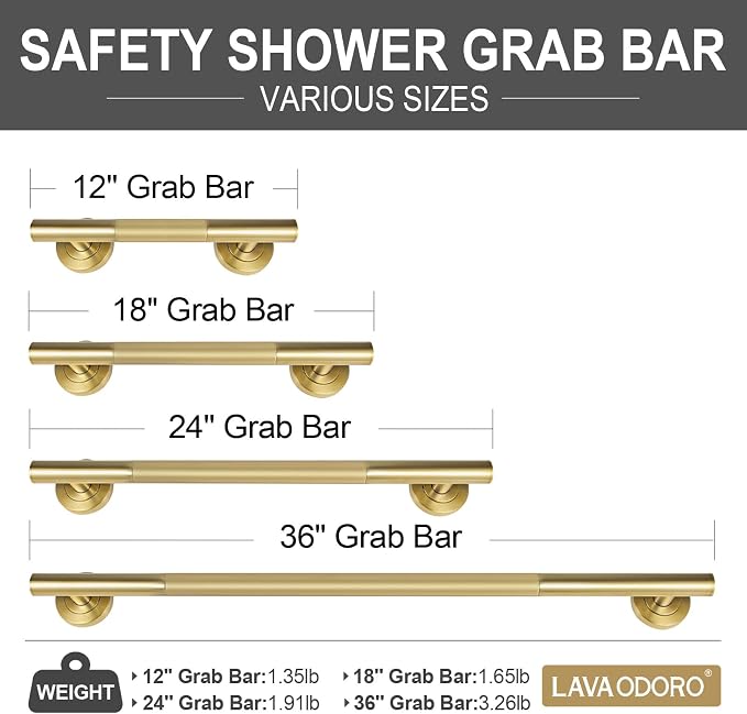 Lava Odoro Gold Shower Grab Bars, 24" Stainless Steel Bathroom Safety Grab Bar, Upgrade Anti-Slip Knurling Shower Grab for Bathtub, Shower Handle for Elderly and Handicap, ADA Compliant SG009-SG-K
