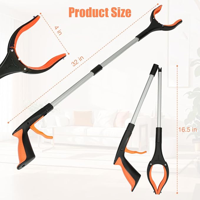 2-Pack Grabber Reacher Tool, 32" Foldable Reacher Grabber Pickup Tool with 90° Rotating Anti-Slip Jaw, Trash Picker Upper Grabber, Hand Grabber for Reaching, Grabbers for Seniors (Blue+Orange)