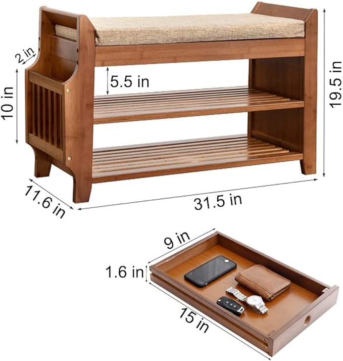 PETKABOO 2 Tier Shoe Bench, Bamboo Shoe Rack Bench, Shoe Storage Bench Organizer for Entryway Hallway Living Room