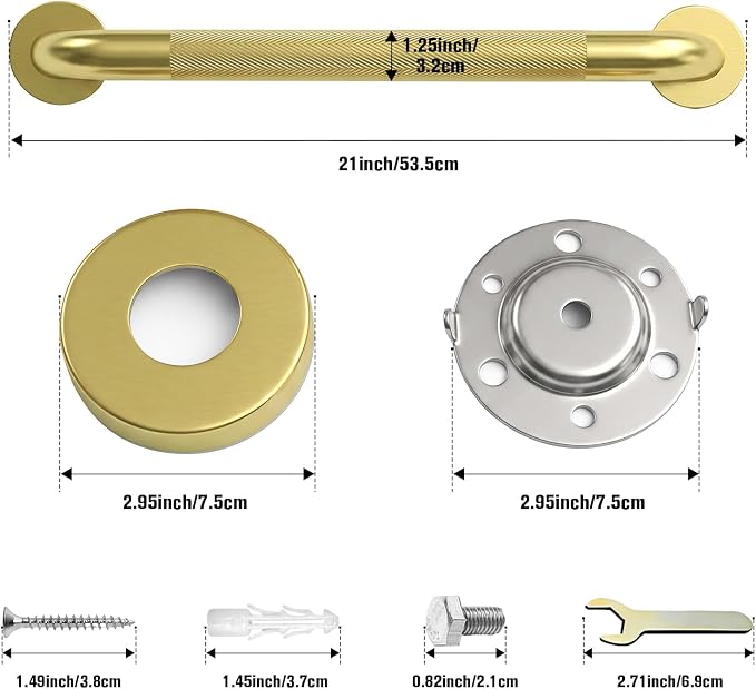 16 Inch Gold Grab Bars for Shower 2 Pack,1.25'' Diameter Heavy Duty Stainless Steel Anti-Slip Bathroom Safety Handicap Grab Bar for Shower, Bathtub & Toilet, Wall Mounted, Supports 500lbs