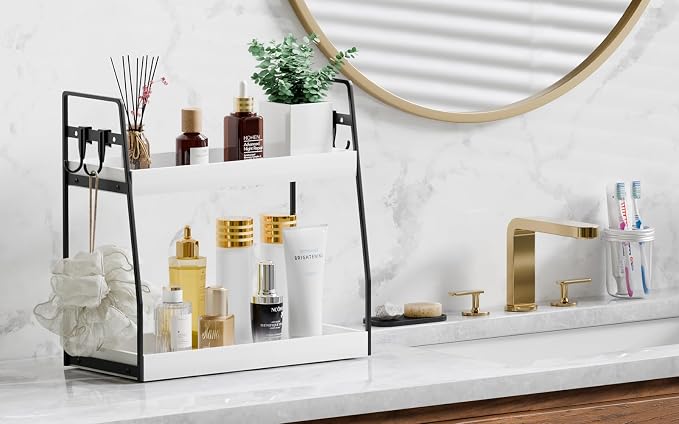 VITVITI 2-Tier Bathroom Organizer Countertop, Wood Bathroom Counter Organizer and Storage, Bathrom Corner Sink Vanity Skincare Organizer Shelf with Hooks, White