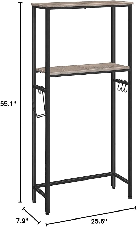 HOOBRO Over-The-Toilet Storage, 2-Tier Bathroom Organizer Over Toilet, Bathroom Shelves with Toilet Paper Holder and Hooks, Freestanding Storage Shelf, Space Saver, Greige and Black BG49TS01