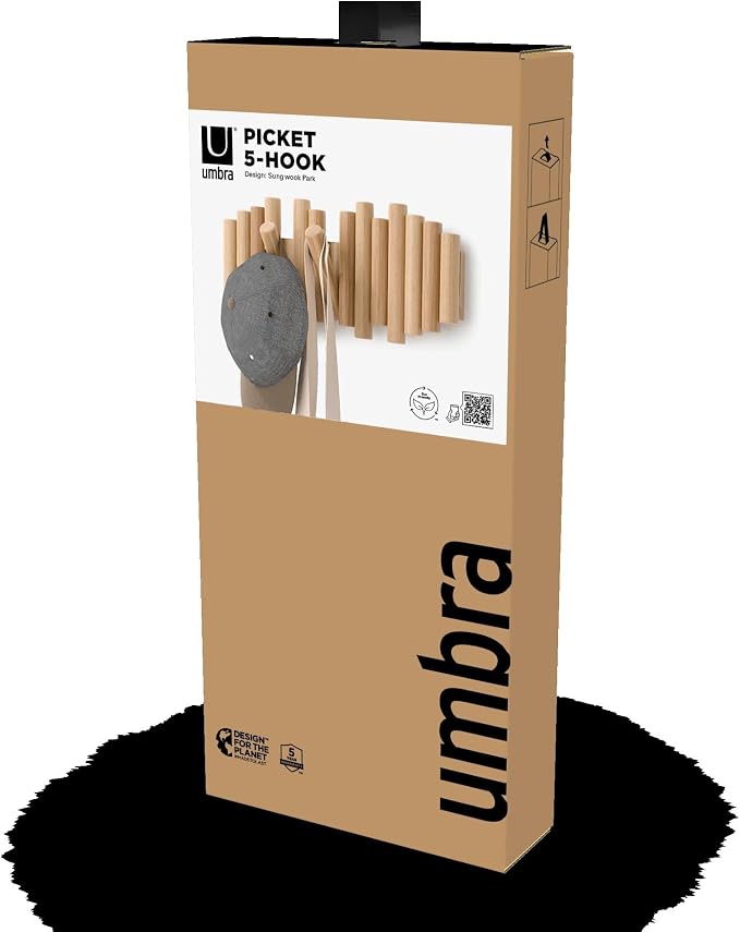 Umbra Picket Coat Rack Wall Mount – 5 Flip-Down Wood Coat Hooks, Modern & Functional Storage, Easy Install Wall Hooks, Natural