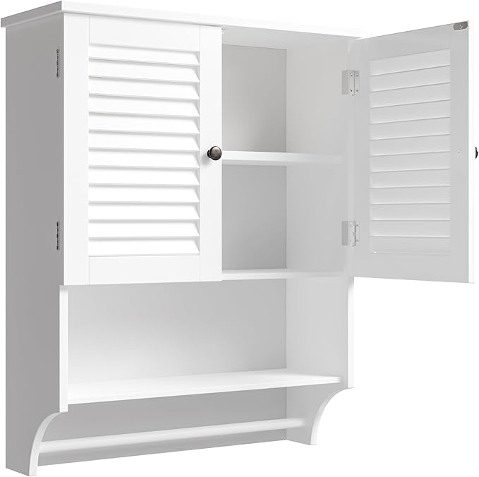 ChooChoo Medicine Cabinet with Towels Bar, 23.6" L x 8.8" W x 29.5" H MDF Material Bathroom Wall Cabinet, 2 Doors Over The Toilet Space Saver Storage Cabinet with Large Space, White