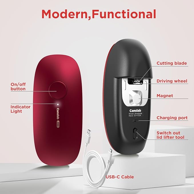 Canslab Ultrablade PRO Auto Stop USB Rechargeable Can Opener for Kitchen for Seniors with Arthritis, Long Battery Life, Handfree One Touch, Side Cut for Smooth Edge, Wall Mounted Small Size, Red