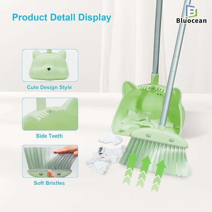 28'' Kids Mini Broom and Dustpan Set - Toddler Cleaning Toy, Toddler Household Helper, Parent-Child Interactive Play Cleaning Tool, Cute Cartoon Design, Small Safe Corner Broom (Green)