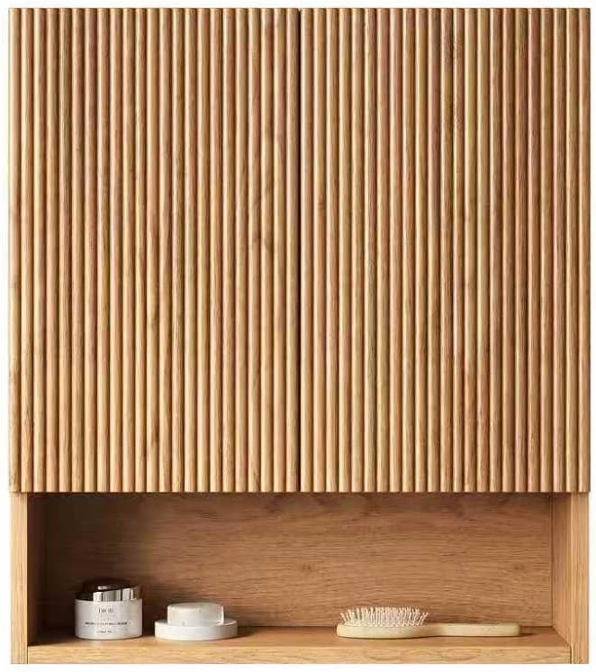 USHOWER Natural Bathroom Wall Cabinet, Thickened MDF Medicine Cabinet with 2 Fluted Doors & Open Shelf, Over the Toilet Storage Cabinet for Laundry Room, Living Room, Kitchen, Wall Mounted