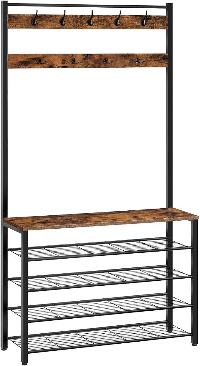 HOOBRO Hall Tree, Coat Rack with Shoe Rack, 39.4” Hall Tree with Bench, 5 Tier Shoe Storage Organizer with 9 Hooks for Entryway, Closet, Sturdy, Industrial, Rustic Brown and Black BF801MT01