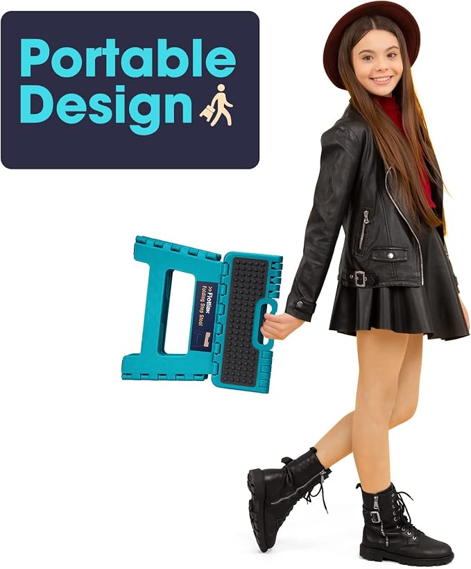 Flottian 9" Folding Step Stool for Adults and Kids Holds Up to 300 lbs,Non-Slip Folding Stools with Portable Handle, Compact Plastic Foldable Step Stool for Bathroom,Bedroom, Kitchen Ocean Blue