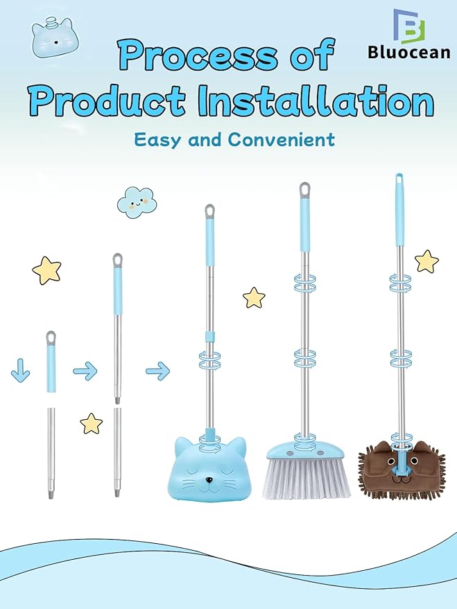 28'' Kids Mini Broom with Dustpan & Mop Set - Toddler Cleaning Toy, Toddler Household Helper, Parent-Child Interactive Play Cleaning Tool, Cute Cartoon Design, Small Safe Corner Broom (Blue)